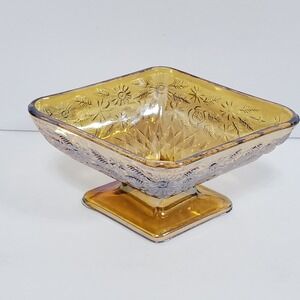 Vintage Amber Glass Pedestal Bowl Embossed Floral Diamond Pattern Candy Dish